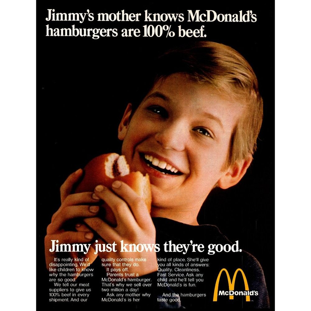1969 McDonald's 100% Beef Hamburgers Vintage Print Ad Jimmy Boy Son Wall Art